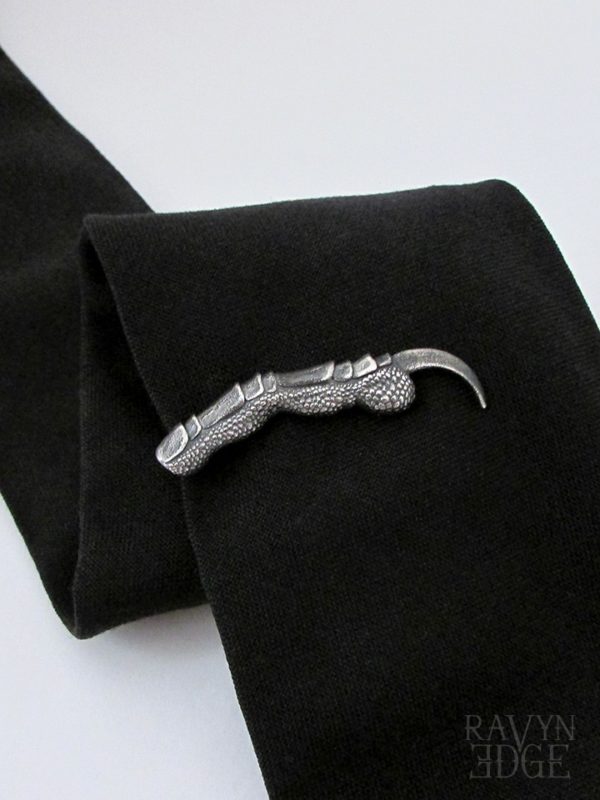 Raven claw sterling silver tie bar on a black tie for gothic wedding