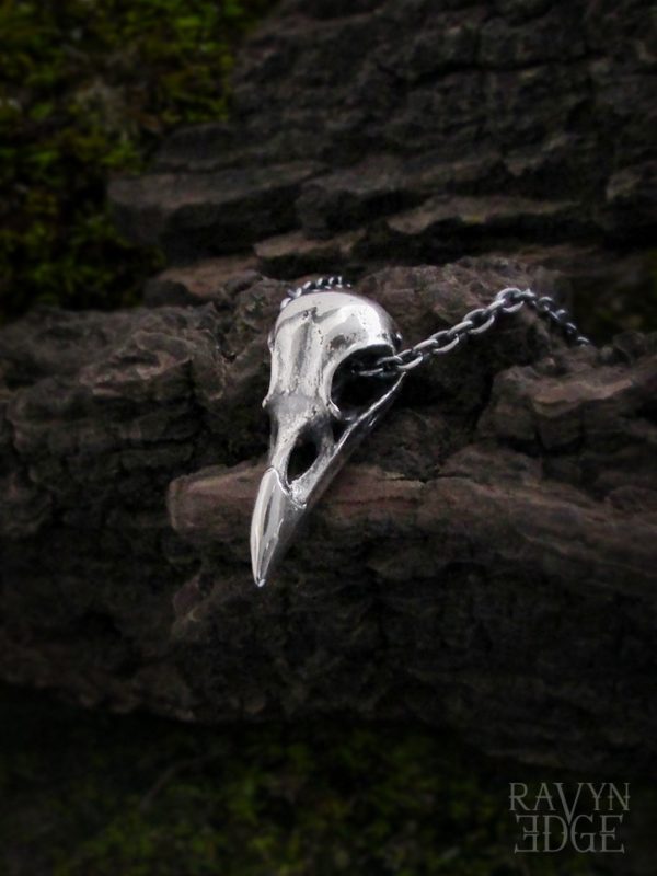 Small sterling silver raven skull necklace
