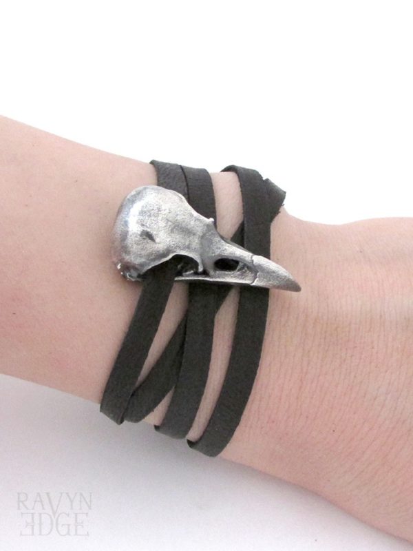 Medium silver raven skull bracelet with black leather wrap