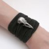 Medium sterling silver raven skull on silk wrap bracelet