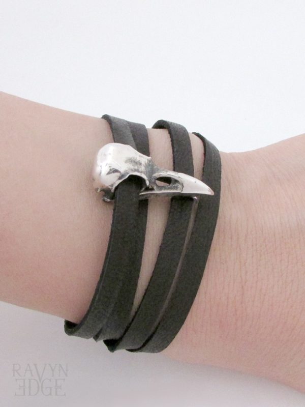 Small silver raven skull bracelet with black leather