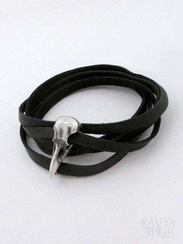 Womens or mens leather wrap bracelet with silver bird skull charm