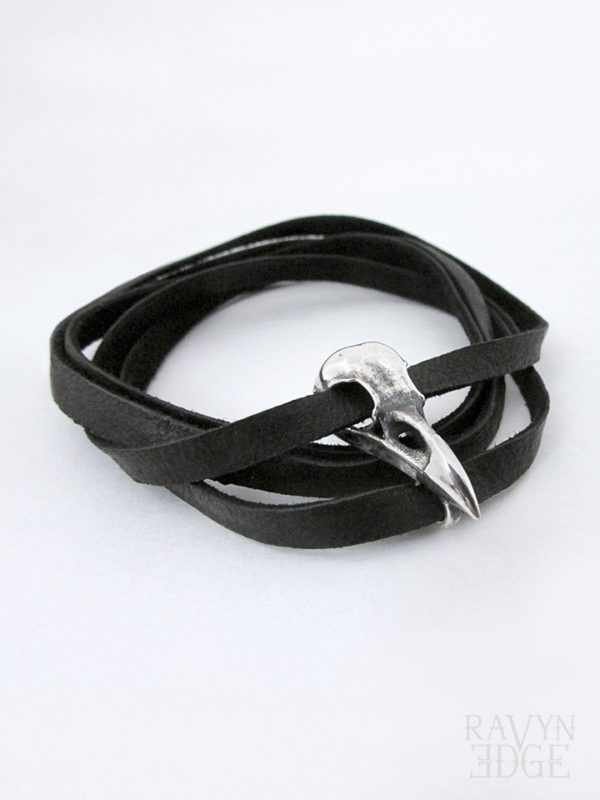 Small raven skull wrap around bracelet with black leather
