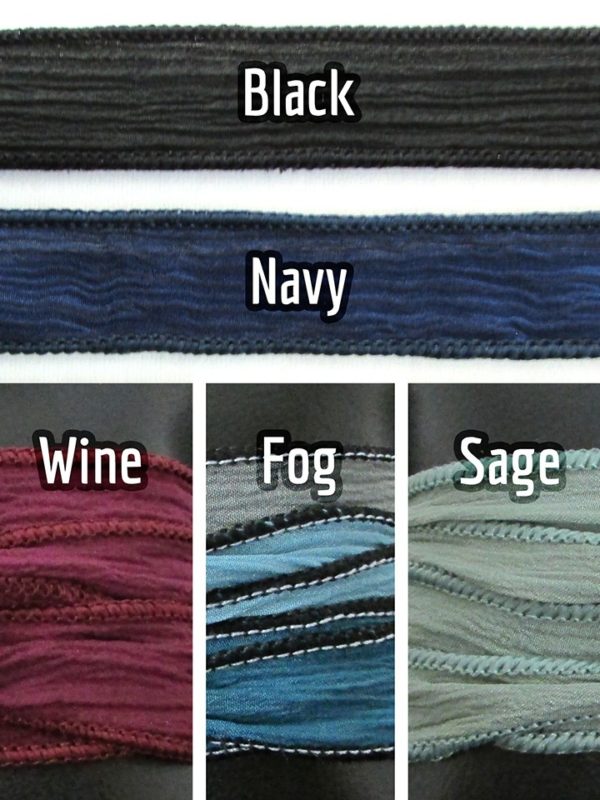 Silk wrap bracelet color swatches showing black, navy, wine, fog, and sage