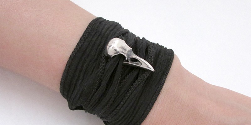 Small Raven Skull Bracelet | Silk or Leather Wrap Bracelet