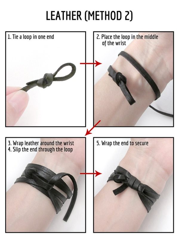 The tied ends of the womens and mens leather bracelet, method two