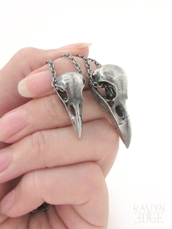 Small and medium raven skull matching boyfriend and girlfriend necklace