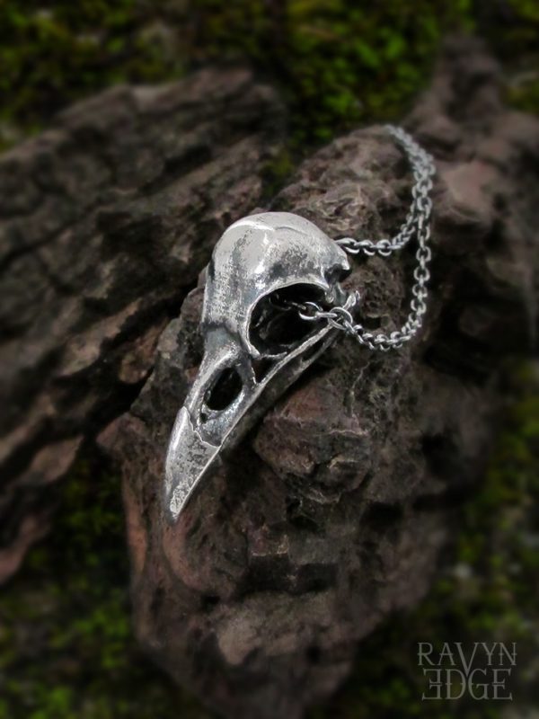Medium sterling silver raven skull necklace