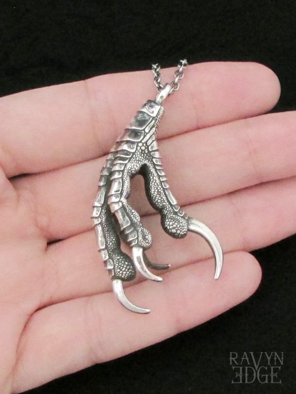 Large silver carrion crow foot necklace