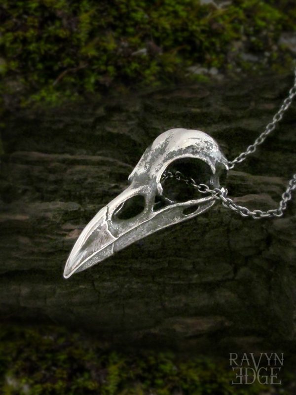 Large raven skull pendant necklace in sterling silver