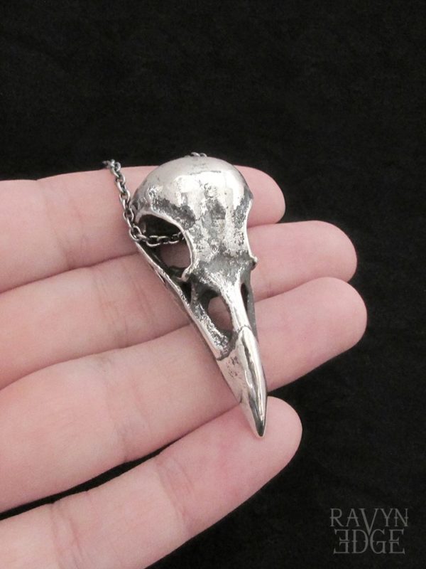 Large raven skull necklace in sterling silver