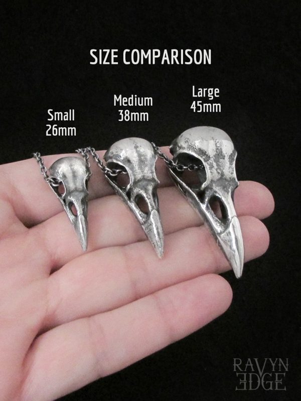 Small medium and large raven skull pendant size comparison