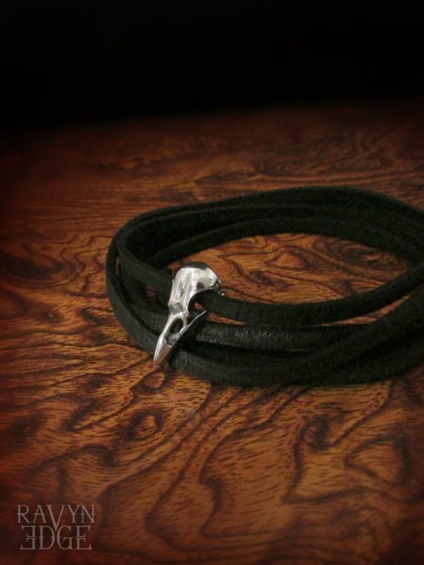Tiny silver raven skull viking leather bracelet
