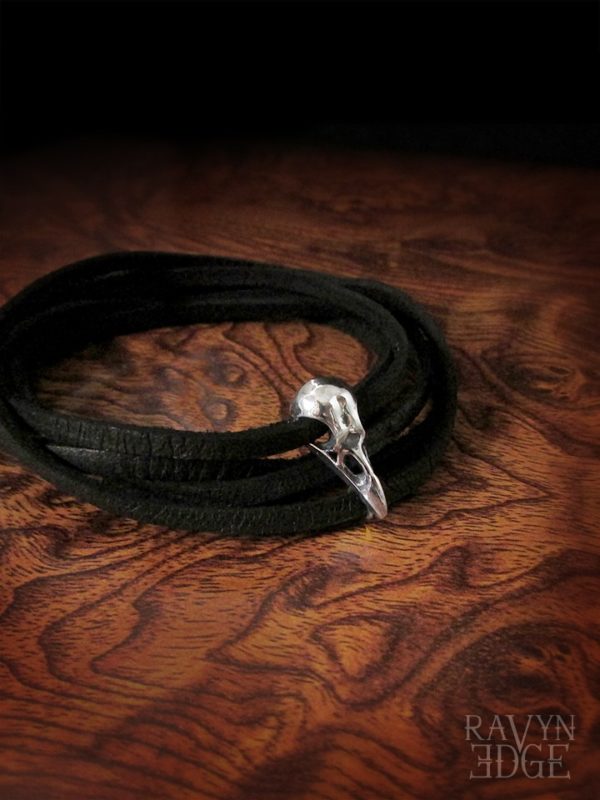 Tiny raven skull wrap around bracelet with black leather