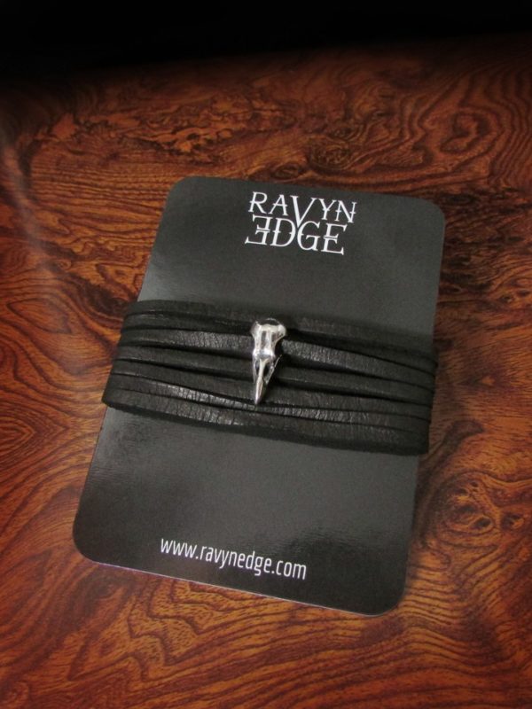 Small silver raven skull bracelet with black leather