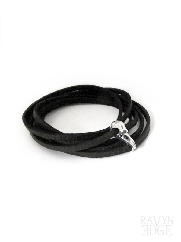 Womens or mens leather wrap bracelet with tiny silver crow bird skull