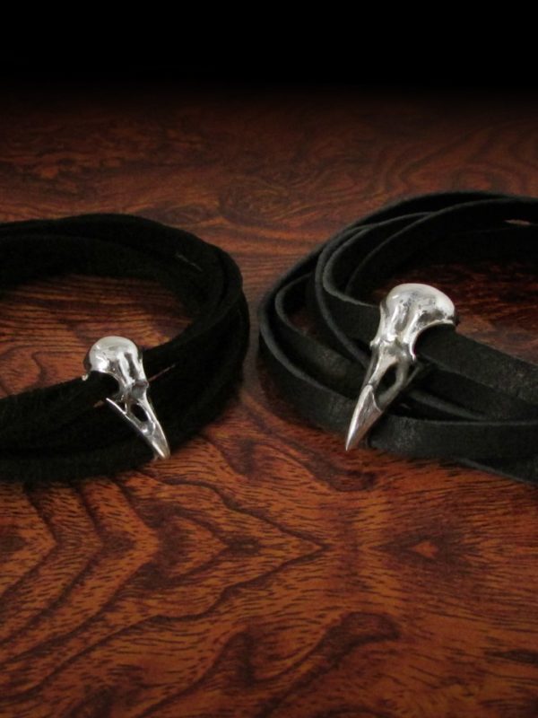 Sterling silver raven skull couple bracelets leather