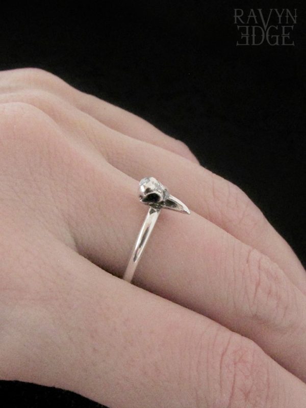 Sterling silver stackable raven bird skull ring