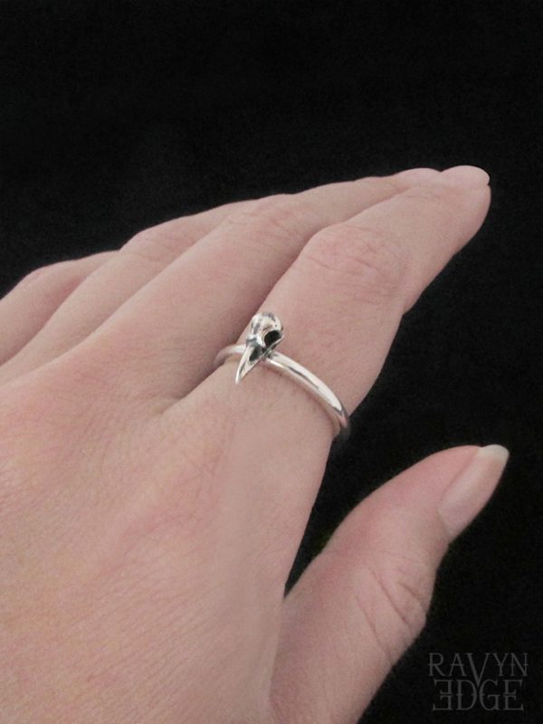 Tiny raven skull sterling silver friendship ring
