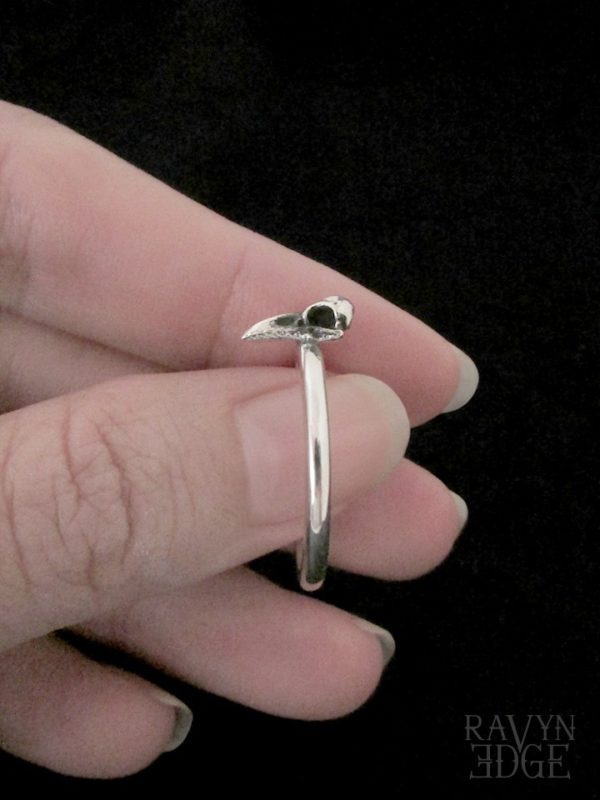 Tiny raven skull ring, thin band ring, unconventional engagement ring