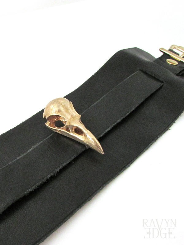 Heavy metal leather wristband with brass raven skull