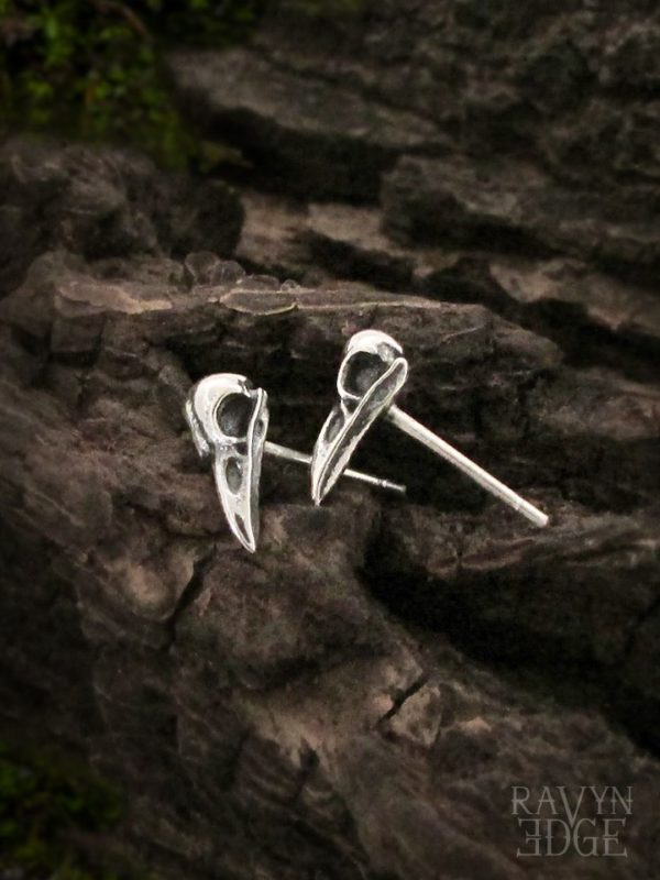 Tiny bird skull earrings studs in sterling silver