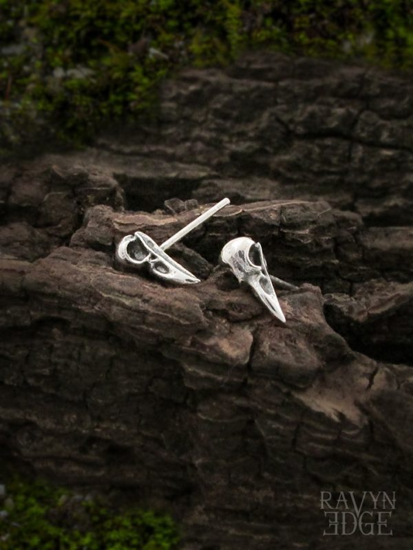 Tiny morrigan crow skull stud earrings