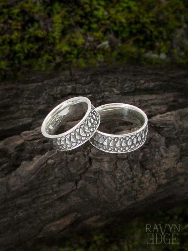 Dragon scale matching couple rings set in sterling silver