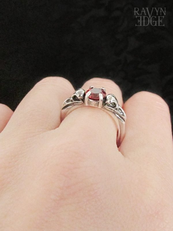 Silver bird skull and garnet gothic promise ring