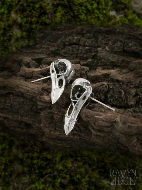 Morrigan crow skull earring studs in sterling silver