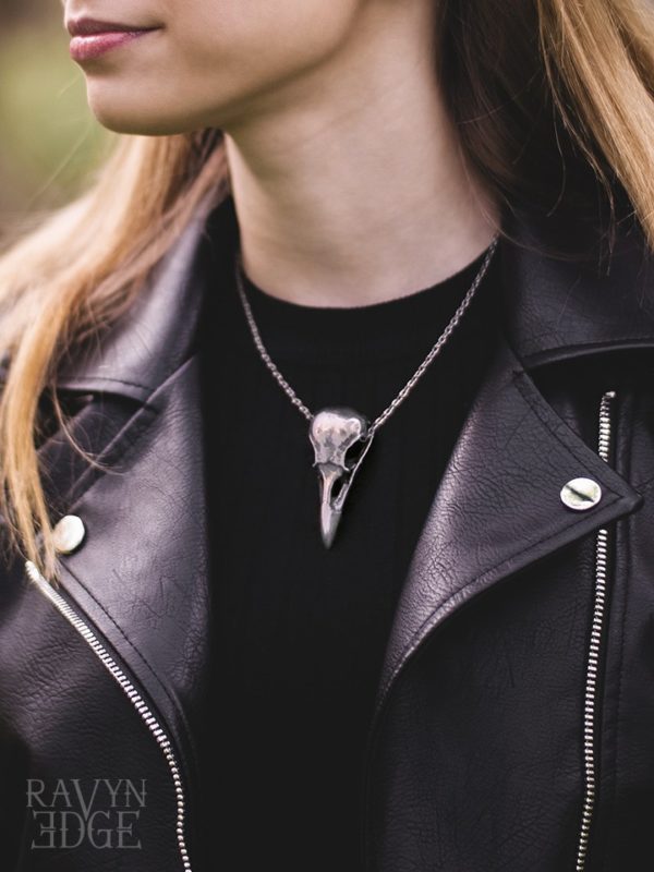 Morrigan goddess familiar bird skull necklace
