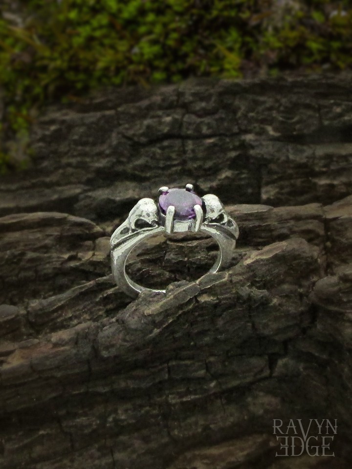 Raven skull ring with purple amethyst birthstone