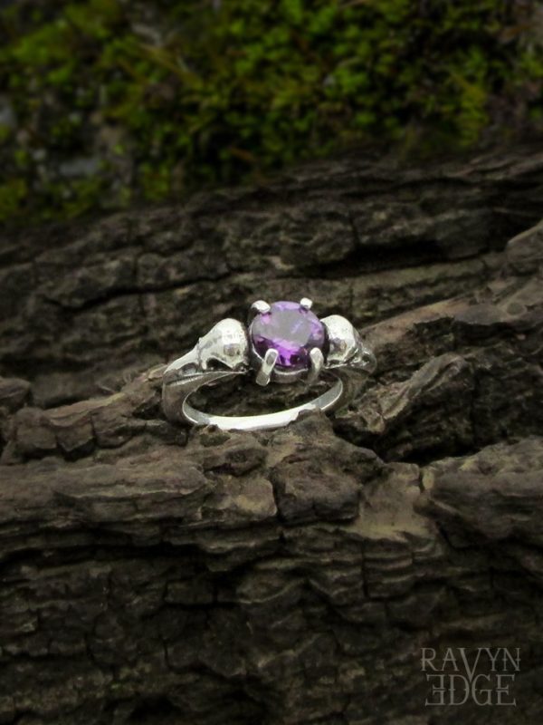 Raven skull gothic ring, real amethyst promise ring