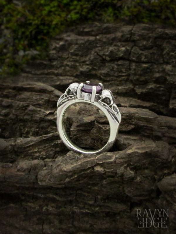 Raven skull engagement ring with amethyst gemstone
