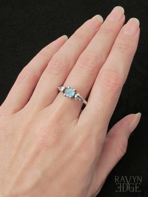 Raven skull promise ring with faceted labradorite gemstone