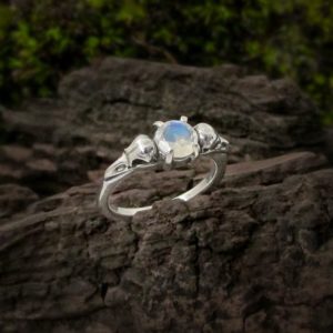Raven Skull Ring with Moonstone – Size 6