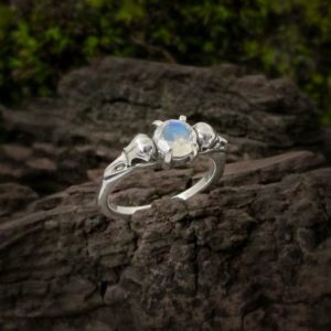 Raven Skull Ring with Moonstone