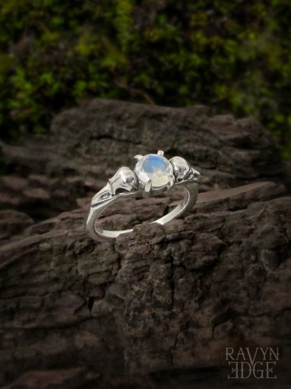 Raven skull gothic promise ring with rainbow moonstone