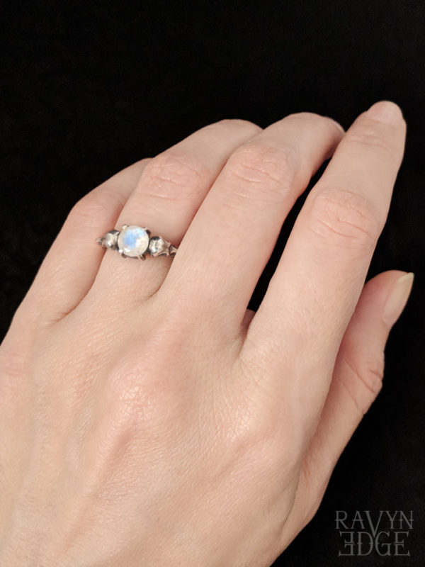 Sterling silver crow skull and moonstone engagement ring for women