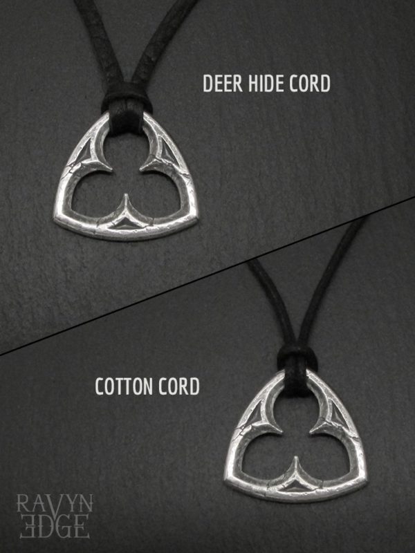 Trefoil necklace with black deer hide cord and cotton cord options