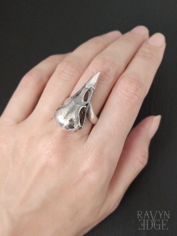 Sterling silver raven skull ring