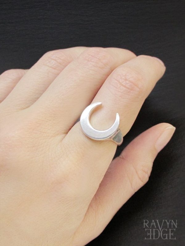 Sterling silver crescent moon signet ring, celestial ring
