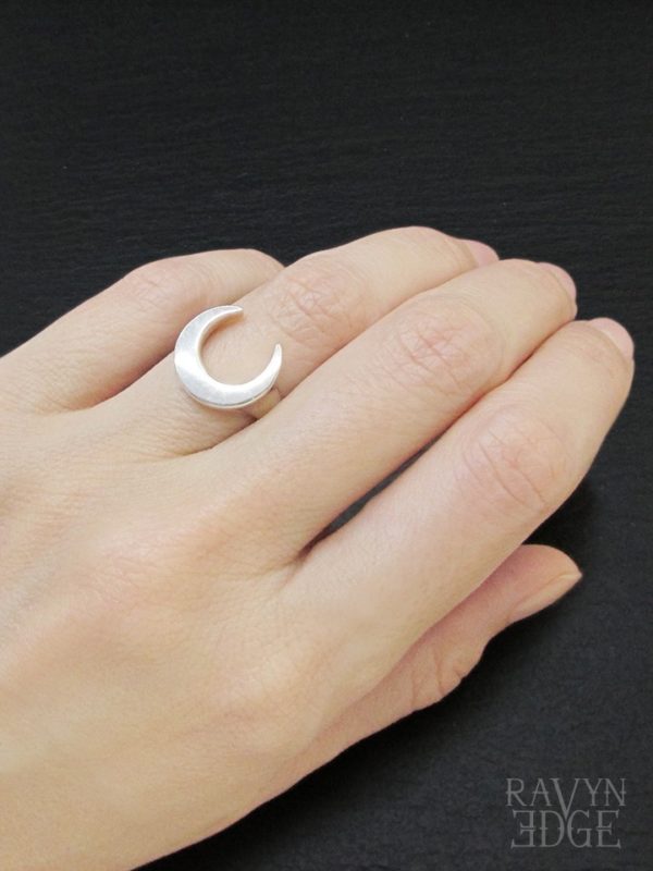 Sterling silver crescent moon ring, womens signet ring