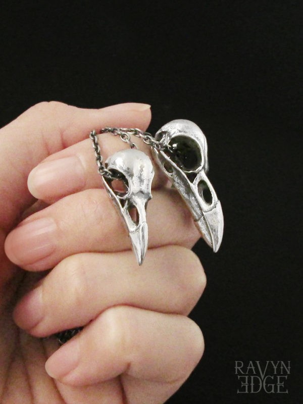 Small and medium raven skull matching boyfriend and girlfriend necklace