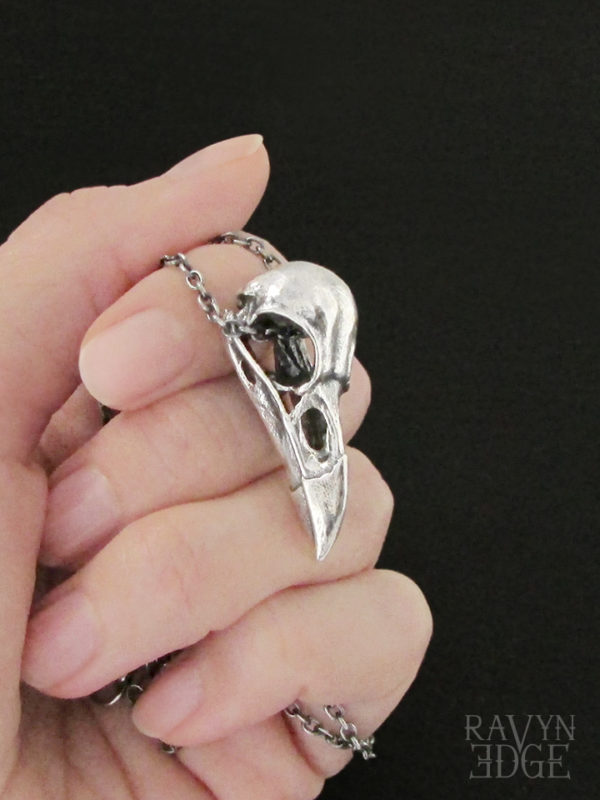 Medium sterling silver raven skull necklace