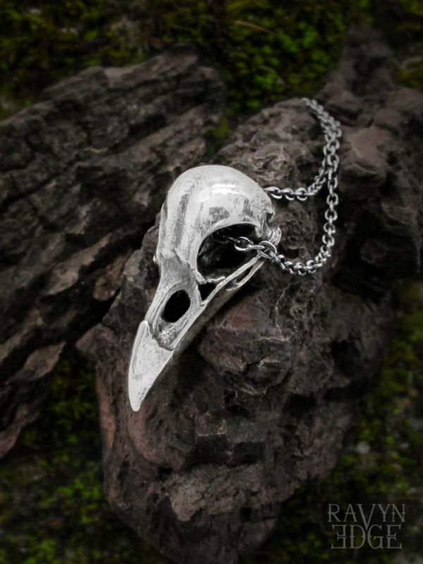 Medium sterling silver raven skull necklace