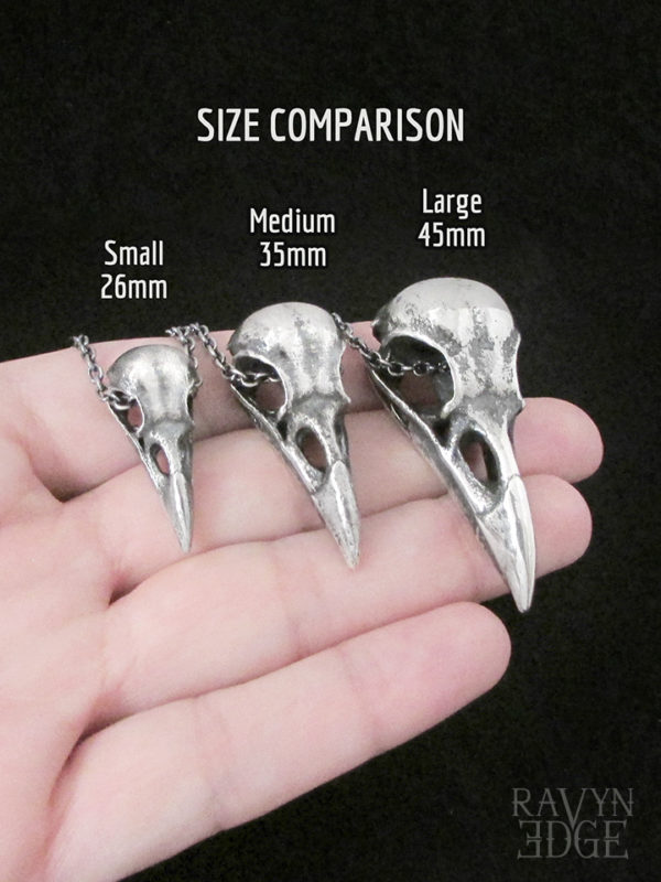 Small medium and large raven skull pendant size comparison