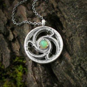 Ethiopian opal necklace silver, triskelion rose window necklace