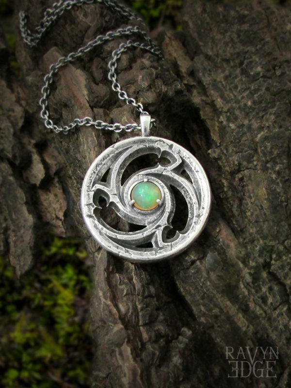 Ethiopian opal necklace silver, triskelion rose window necklace