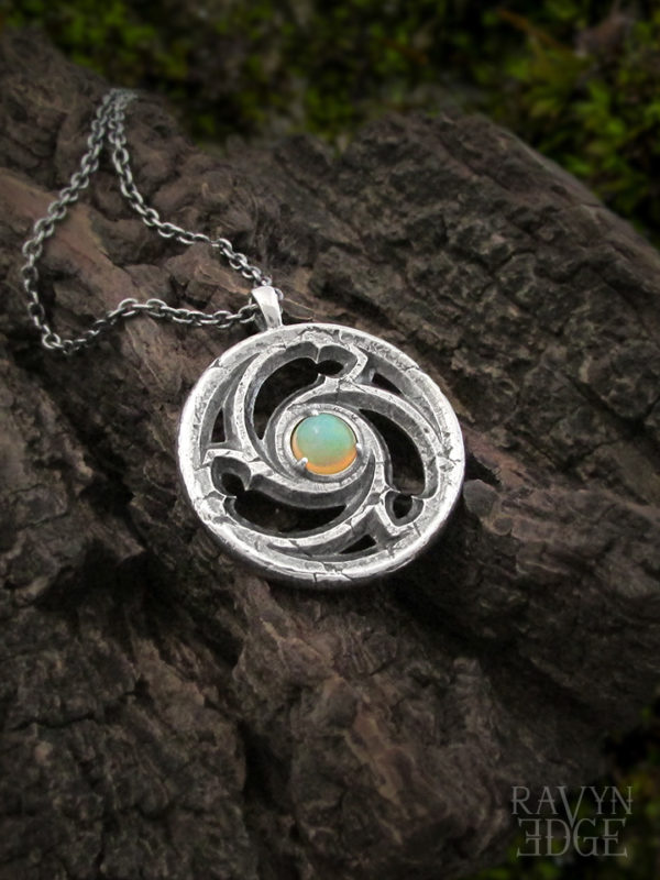 Sterling silver triskelion gothic window with Ethiopian opal necklace